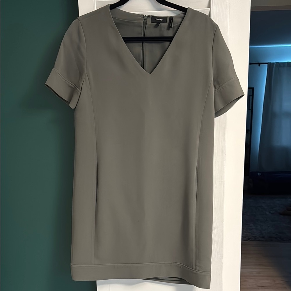 Theory Olive V-Neck Short Sleeve Dress